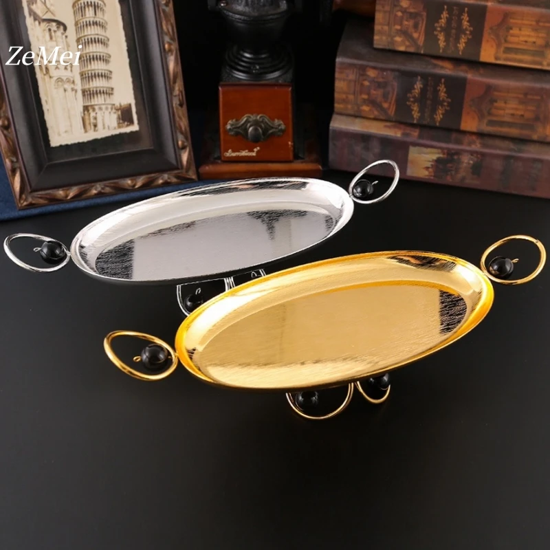 European-Style Vintage Oval Cake Plate,Carving Flower Home Portable Metal Fruit Tray,34 cm Food Storage Plate Wedding Decoration