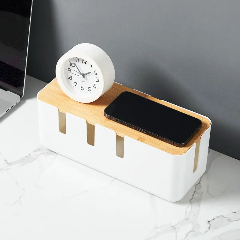 Bamboo and wood cover wire storage box seven-hole desktop hub box cable box plug-in board charger data cable storage
