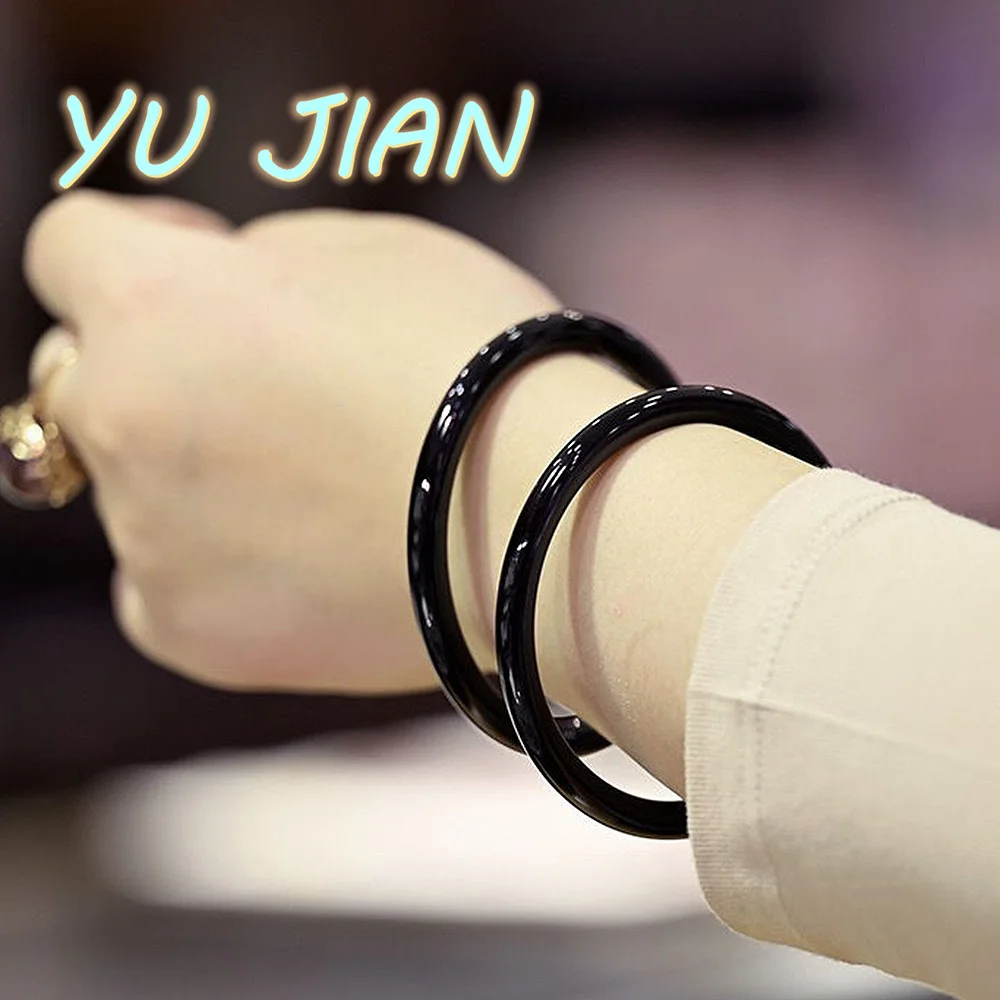 

New Vintage Classic Natural Black Jade Bracelet Noble Delicate Agate Chalcedony Round Bar Handring Bangle High Quality Jewelry