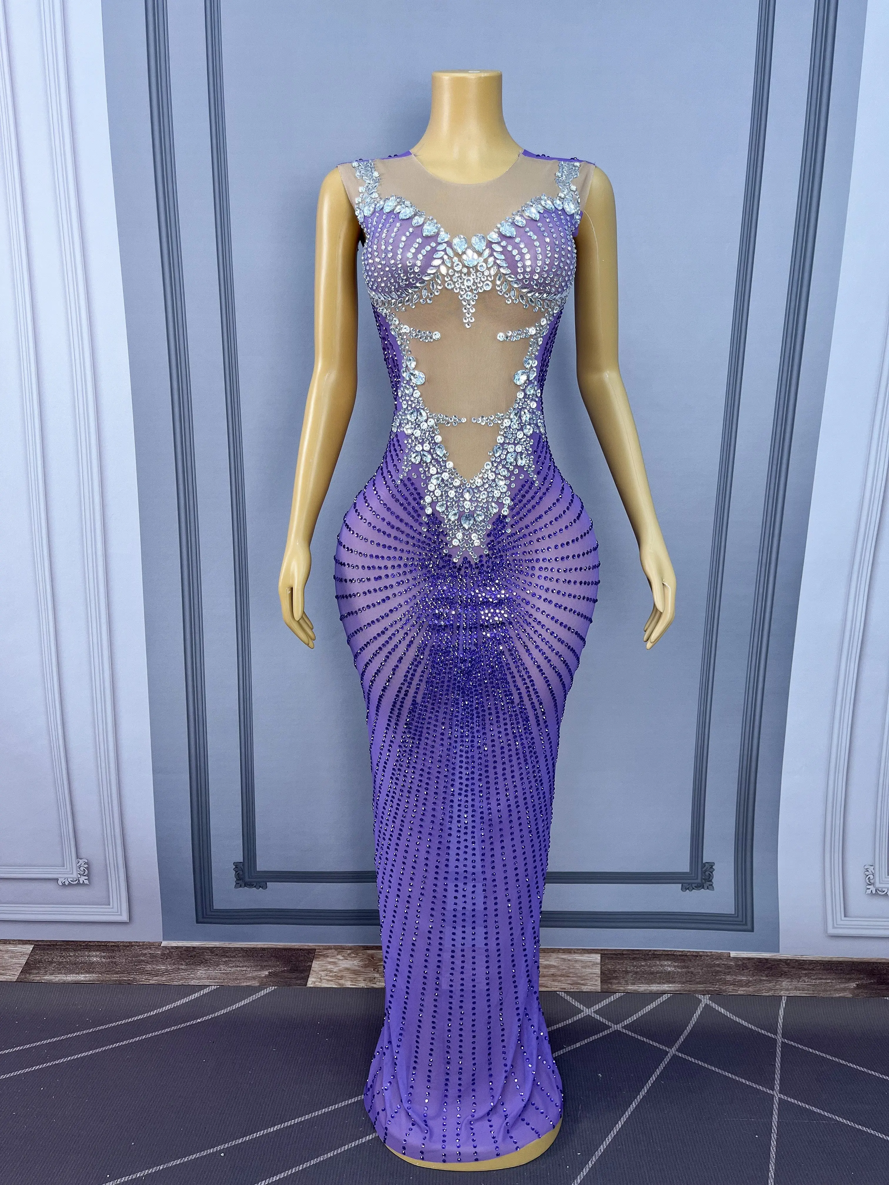 Luxury Blingbling Rhinestones Elegant Cultivation Mesh Dress Cocktail party Evening Gown Red carpet Show Outfit Chijin