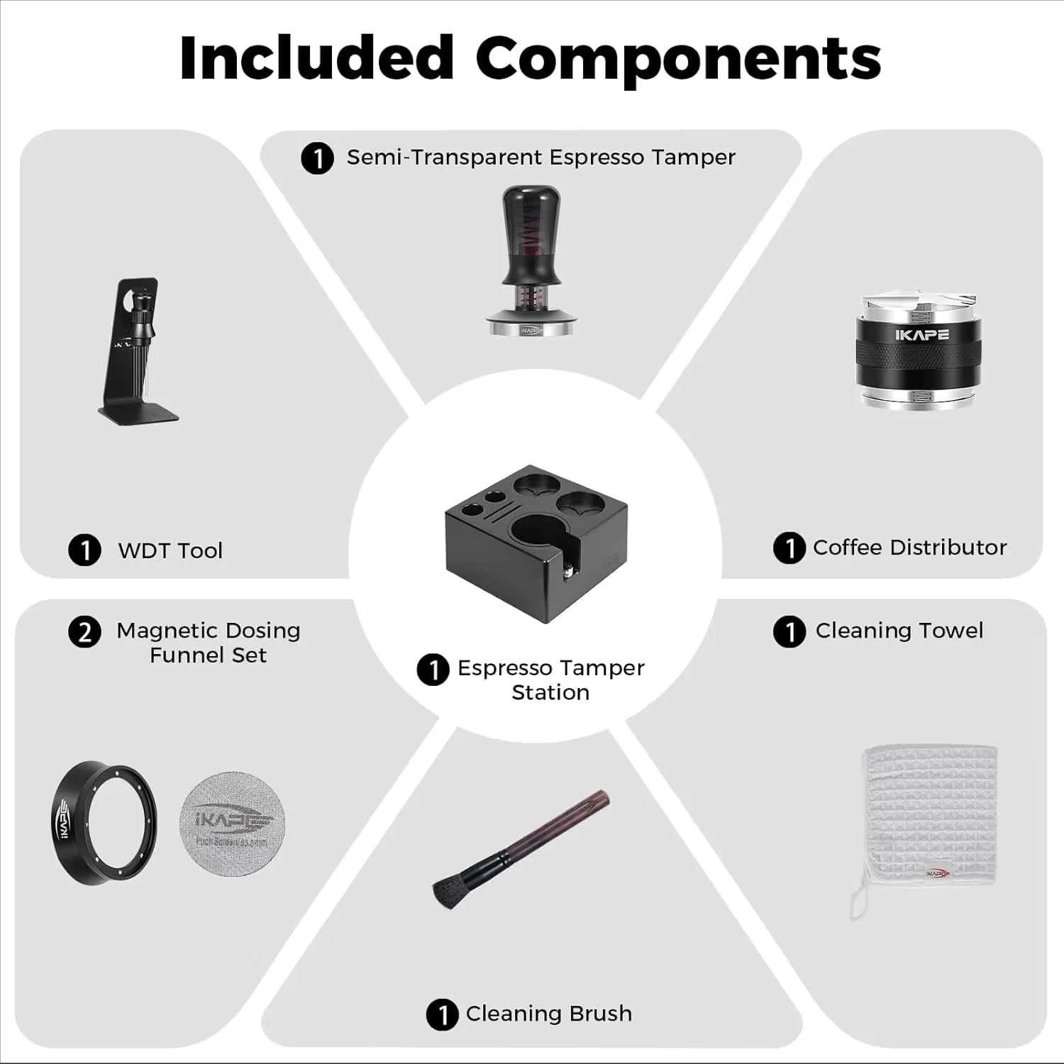 

IKAPE 8 In 1 Espresso Tool Set Coffee Distributor Tamper Puck Screen Magnetic Funnel Tamper Station 51/54/58MM For Barista