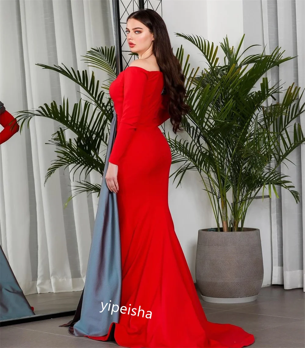 Jiayigong gaun panjang Satin indah, gaun acara Off-the-shoulder Hari Valentine, gaun Satin cantik kualitas tinggi