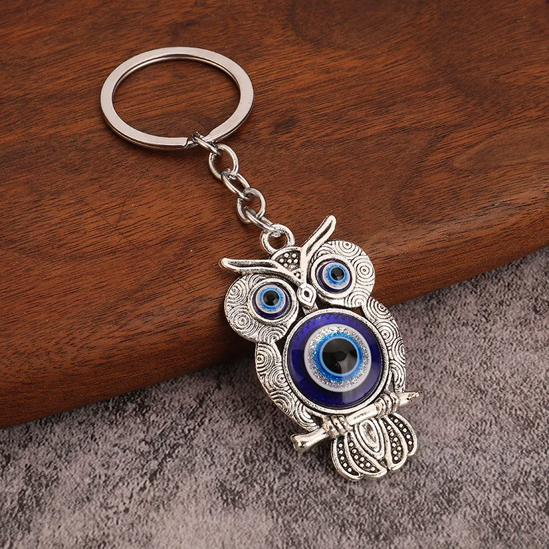 Religious Evil Eye Keychain Pendant Car Key & Keyring Silver Color Deep Blue Owl Animal Women Bag Accessories image 6