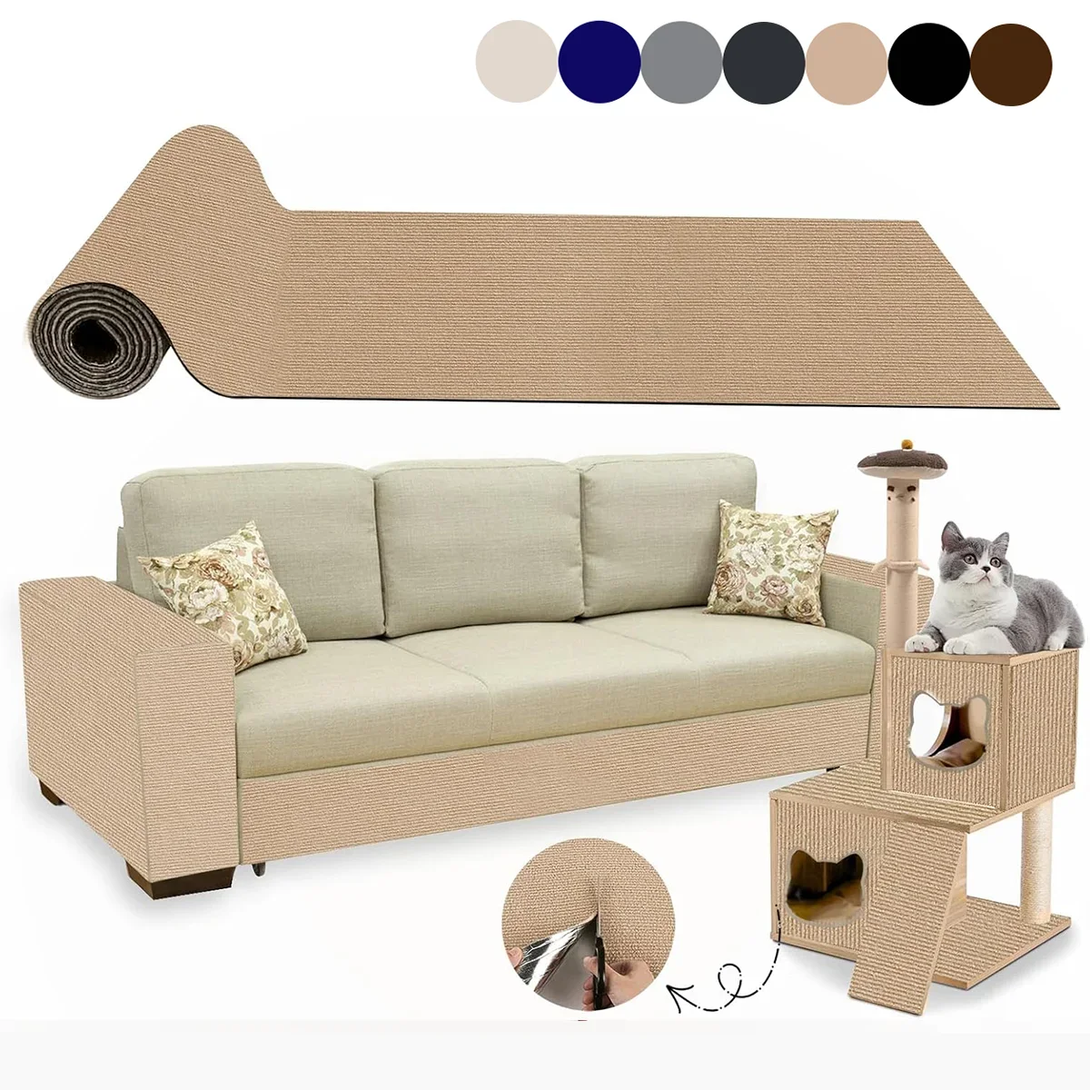 Cat Scratching Mat Self-Adhesive Trimmable DIY Cat Wall Climbing Carpet Cat Scratch Furniture Protector for Couch Wall Corner