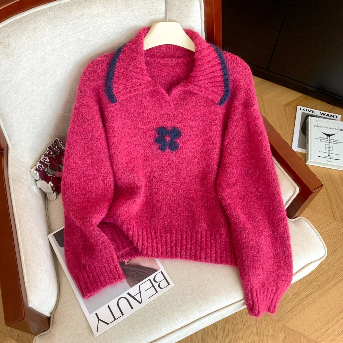 

Женский розово-красный пуловер с v-образным вырезом Y2k, винтажный уютный мягкий джемпер 2000-х годов, вязаный кашемировый свитер с длинными рукавами для женщин, осень