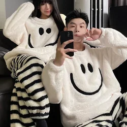 Smile Fluffy Flannel Couples Pajamas Set Women Christmas PJ Warm Furry Homewear Y2K White Sleepwear Mens PJS Plus Size Nightwear
