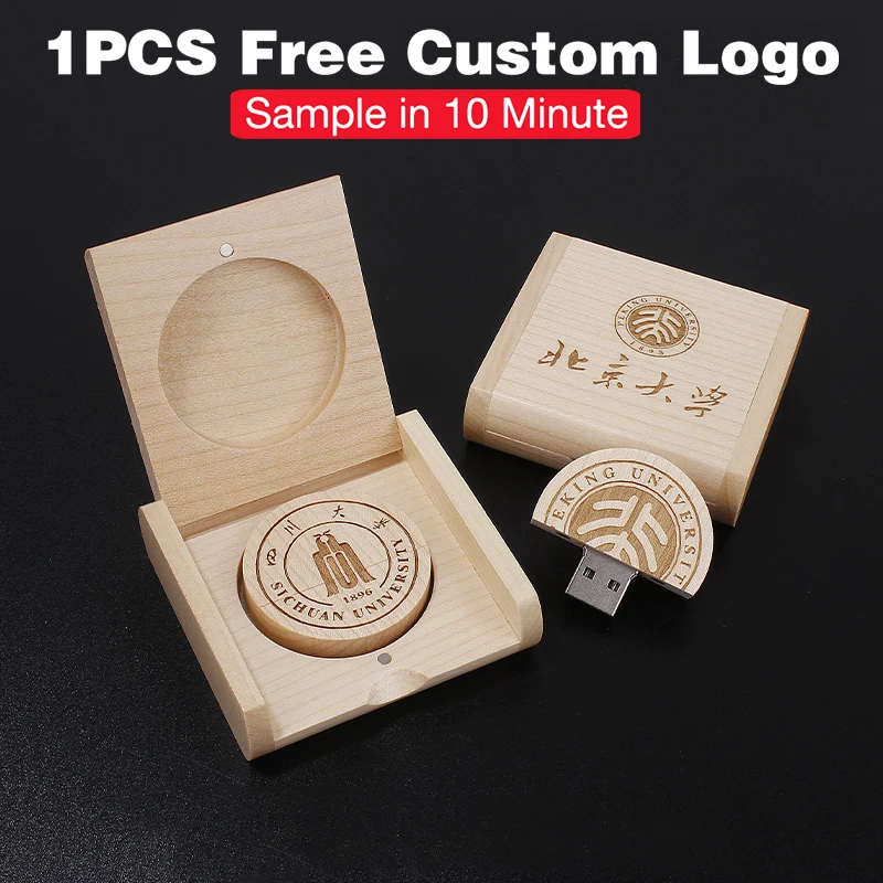 Round Wood USB 3.0 Flash Drive 128GB Free Custom Logo Pen Drive 64GB Wooden Box Memory Stick 32GB Creative Gifts Pendrive 16GB