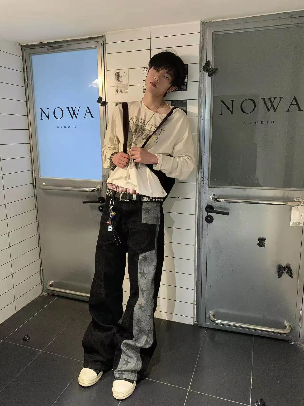 

American High Street Retro Patchwork Star Print Straight Leg Jeans Men's Casual Long Pants mid Waist Zipper Summer Denim