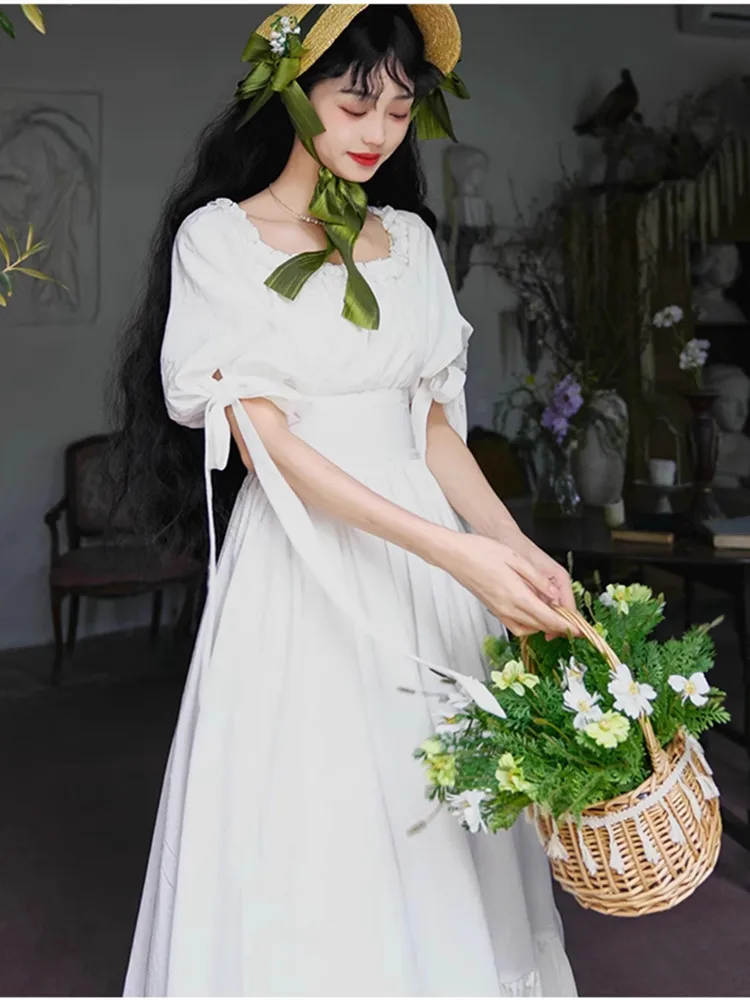 90-102cm SpringSummer White Maxi Dress Women French Vintage Elegant Slim Square Neck High Waist Large Swing Relief Texture Dress
