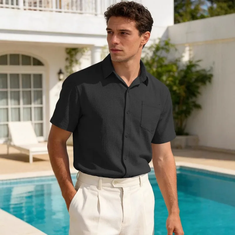 

Mens Short Sleeve Button Down Shirt Textured Cotton Linen Chest Pocket Casual Solid Color Summer Tops