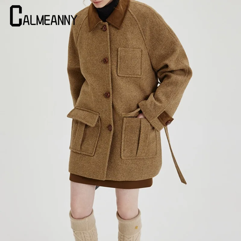 2024 Autumn Winter New Style Fashion Women's Coats Casual Loose Versatile Retro High Quality Pockets Belt Tweed Coat