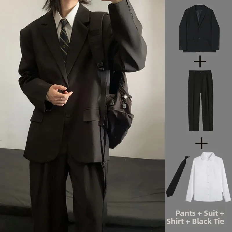 Black Suit for Young Men Interview Outfit Elegant School Uniform Style Casual Urban Fashion Long Sleeve Standard Fit Suit