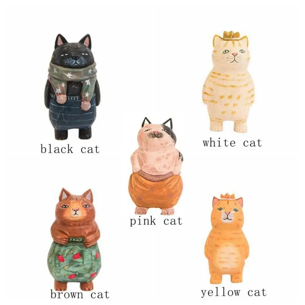 Wood Kitten Ornaments Cute Hand Engraving Wooden Cat Simple Style Small Decorations Cats Dolls Children Girls Yellow Cat