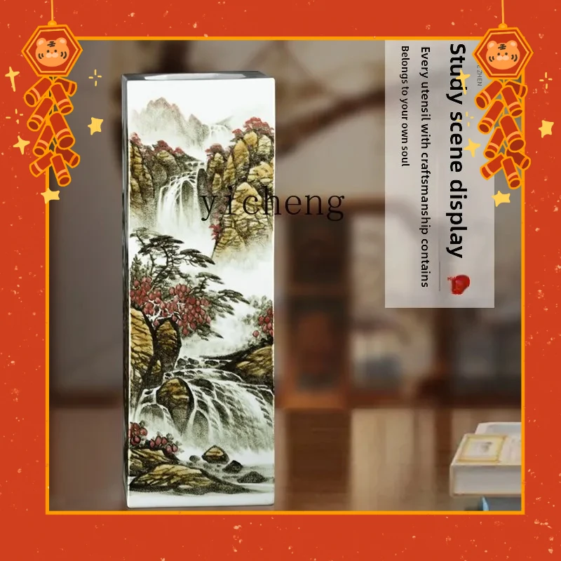 BB  ceramic vase hand-painted square vase Chinese antique flower arrangement large porcelain vase living room ornament