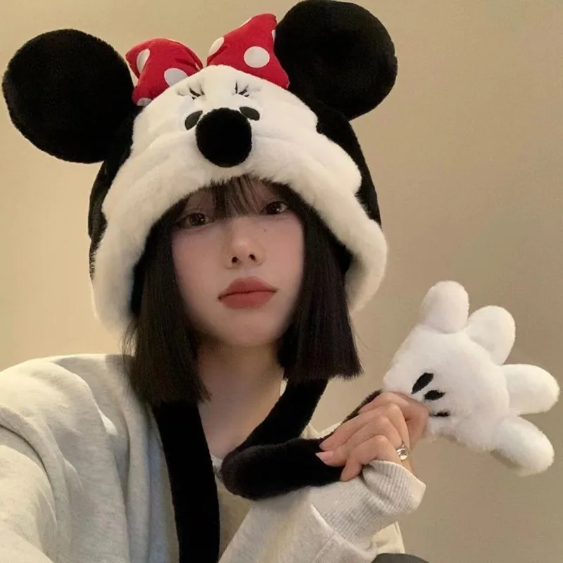 Disney Cartoon Pooh Bear Minnie Cute Girls Winter Comfortable, Soft and Warm Pullover Ear Protection Cold-proof Plush Baotou Hat