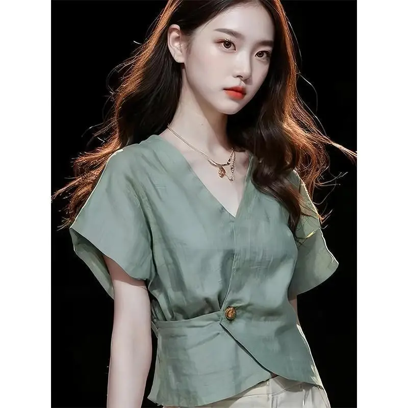Green Short-sleeved Shirt with Women's Temperament and Waist-hugging and Unique Chiffon Top