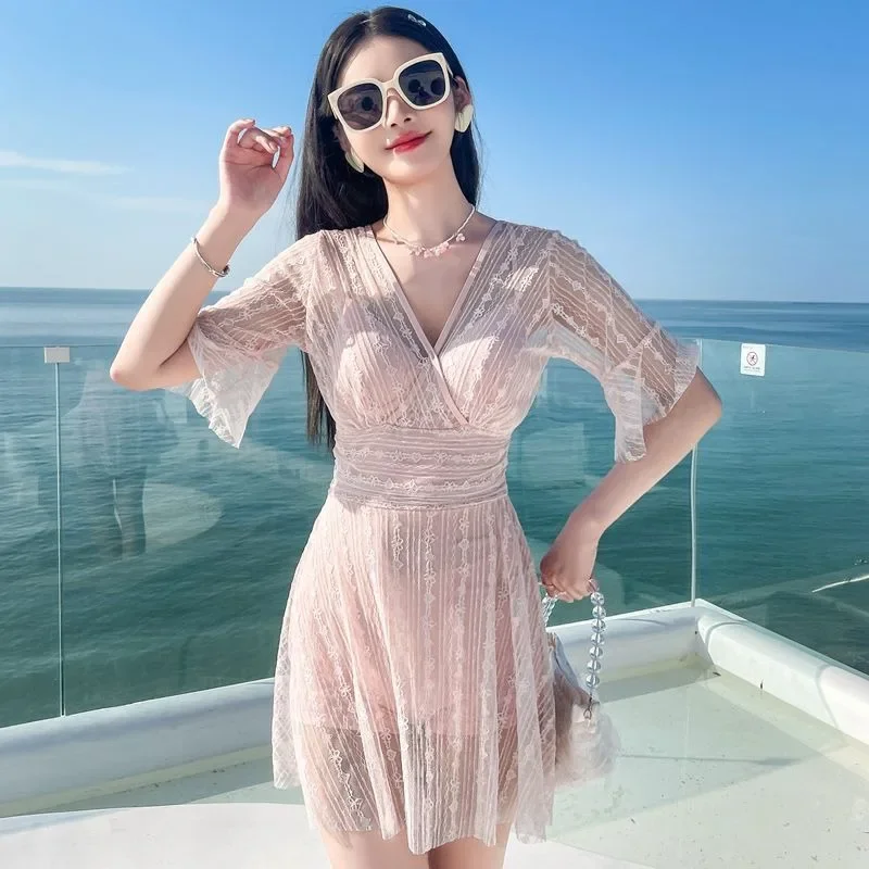 Women's Summer One-piece Swimsuit Sweet Lace Dress Swimwear V-neck Half-sleeve Slimming Beach Wear Swimming Suit for Women