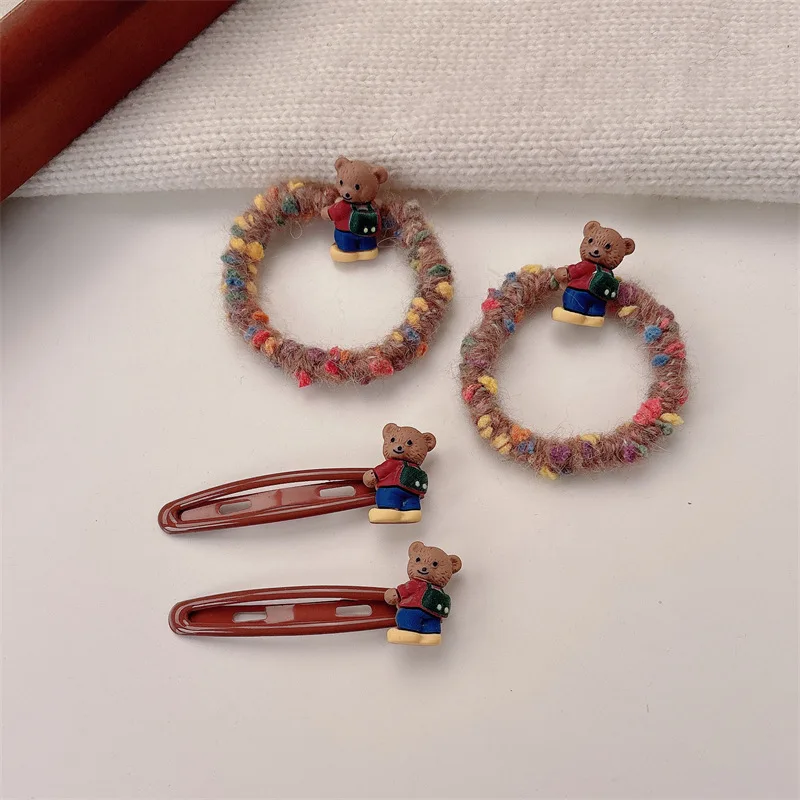 2/4pcs-New dark brown backpack teddy bear hairpin hairband high-end BB clip teenage cute rubber band hair accessory