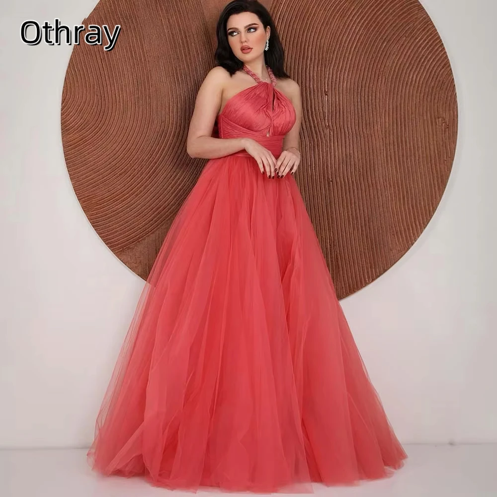 Othray Saudi Halter Prom Dresses Bow Back Party Dress Tulle Sweep Train Dubai Evening Dress Gala Dresses Women Party Wear