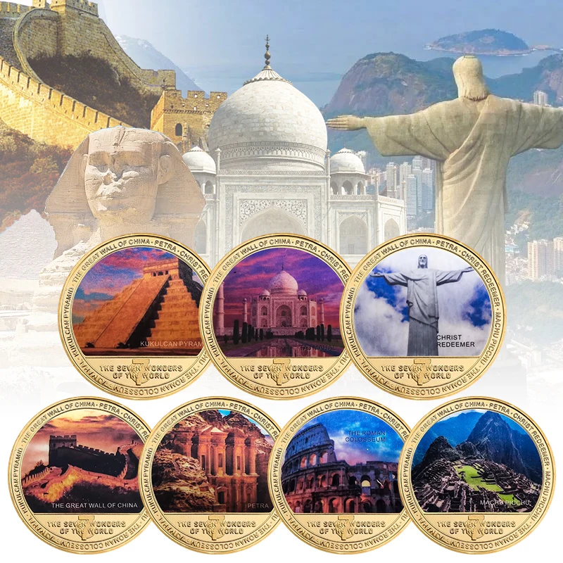 7pcs Seven Wonders of the World Golden Commemorative Coins Set World Architecture Souvenir Coin Travel Collectible Badge Gifts