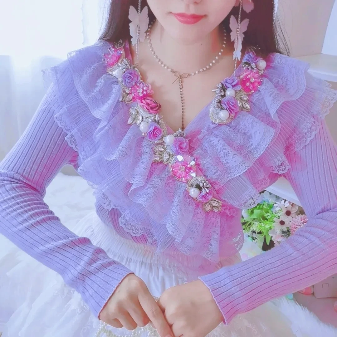 High Quality Women's Sweater 2026 Autumn Winter Sexy V-neck Long Sleeve Knitted Pullovers 3D Flowers Chic Korean Sweater Jumper