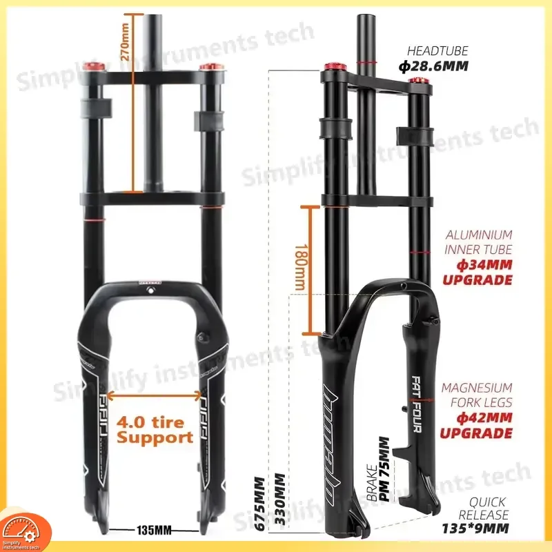 20x4.0 Inch Snow Bike Fat Tire E Bicycle 135mm Ultra Wide Tyre Air Shock Absorbing Front Fork Winter Mountain Ebike