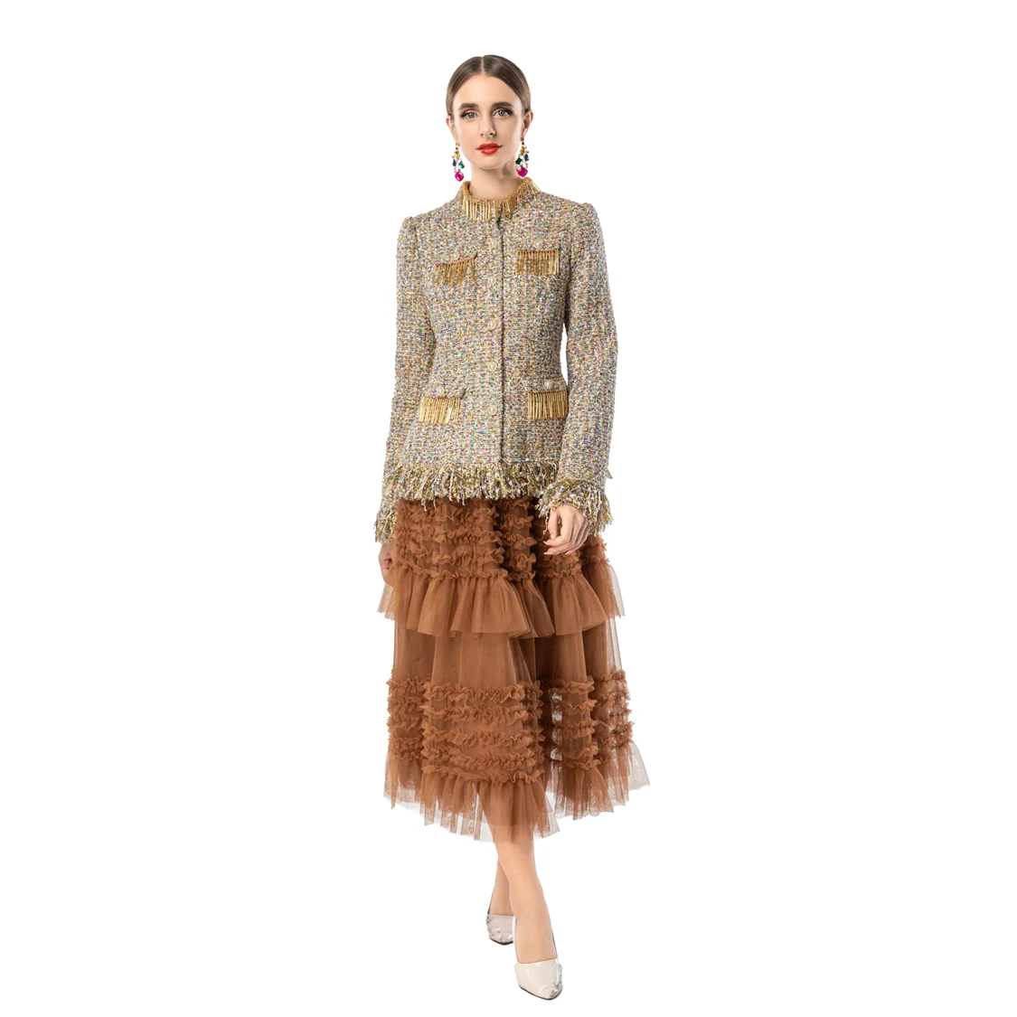 Women's Tweed Fringed Jacket & Tulle Ruffled Midi Skirt Set - Elegant Two Piece Outfit with Beaded Collar and Pearl Buttons
