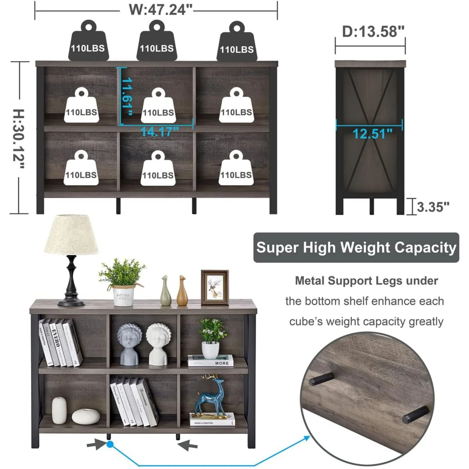 US Rustic 6 Cube Storage Organizer with Shelf, Wood and Metal Cubby Bookcase, Industrial Horizontal Bookshelf