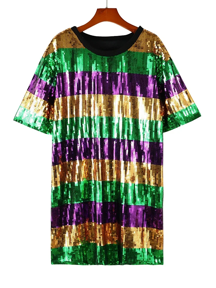 Striped Mardi Gras Sequin Dress Ladies Color Block Short Sleeve Loose Bling Sequined Tshirt Dress Carnival Festival Costume