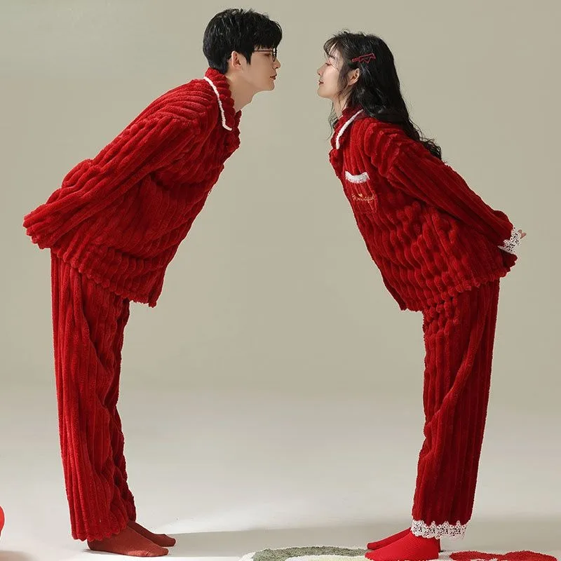 2024 New Coral Velvet Couple Pajama Newly Married Women Men Autumn Winter Loungewear Plush Red Wedding Plus Velvet Plus Homewear