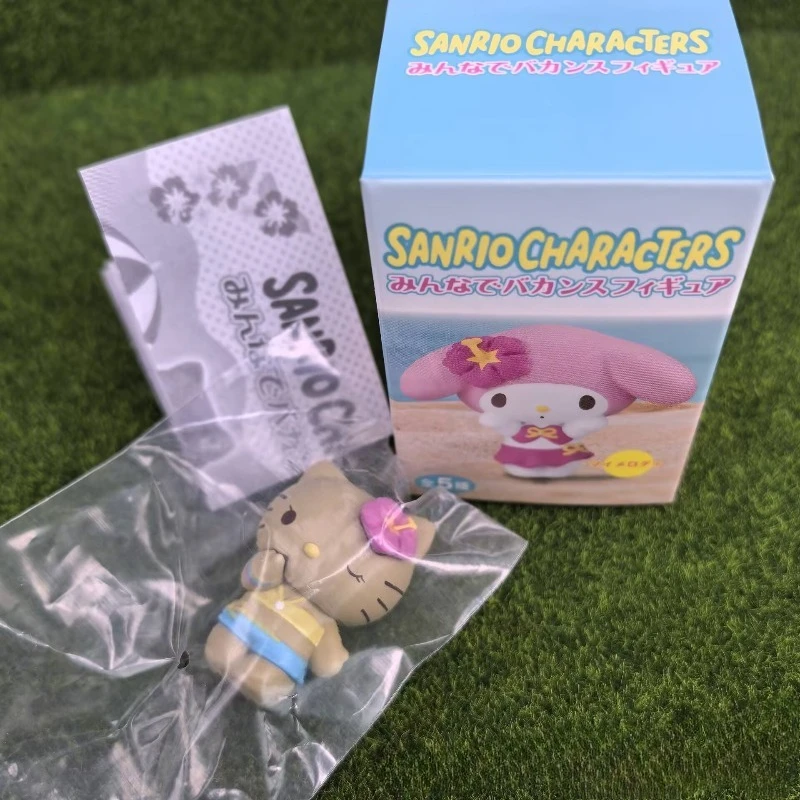 Anime Figuur Sanrio Hello Kitty Kuromi Melody Zwarte Huid Kt Kat Zomer Kust Vakantie Serie Blind Box Speelgoed Ornament Kid Geschenken