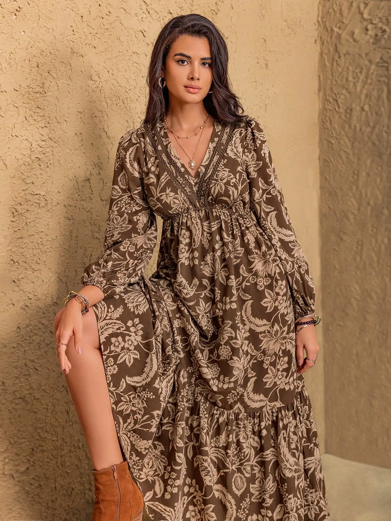 

Богемное цветочное платье макси с V-образным вырезом и длинными рукавами для свадеб, вечеринок и Дня святого Валентина