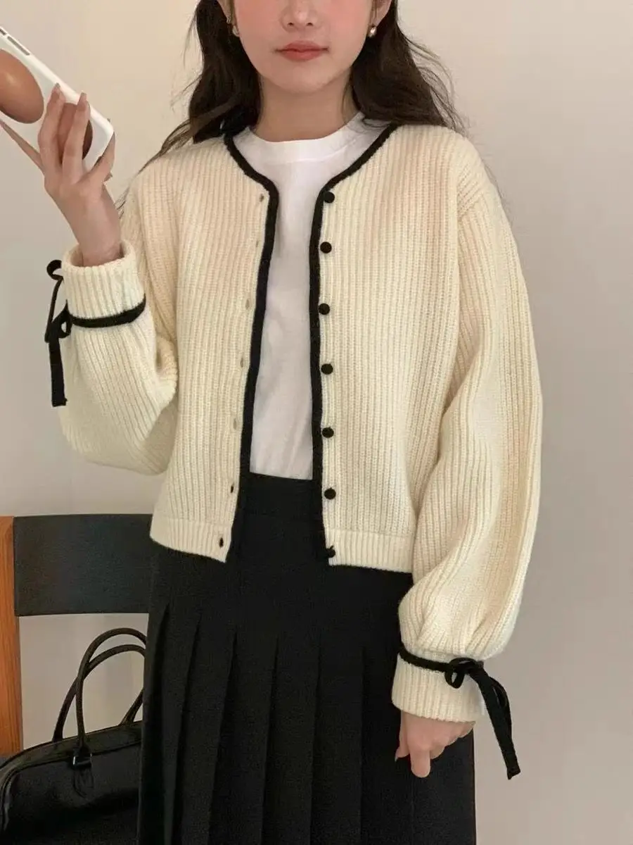 Sueters De Mujer moda coreana Pull Femme Vintage Bow top maglione grigio donna nuovi cappotti Cardigan lavorati a maglia