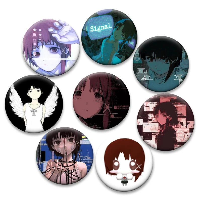 

Exquisite Cartoon Style Badge Serial Experiments Lain Brooches Round Tinplate Lapel Pins for Backpack Accessorys Jewelry Gifts
