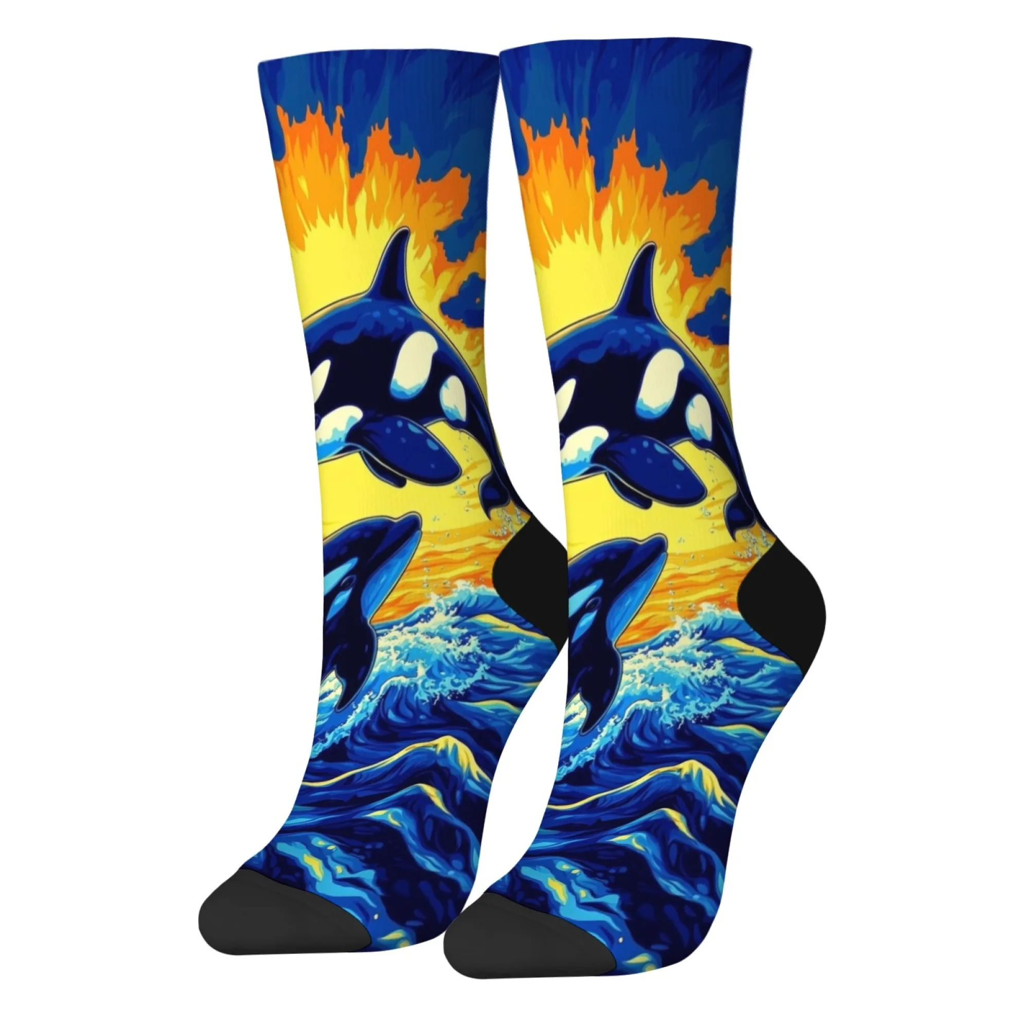 Calcetines de tripulación para hombre de estilo acuático extraño, calcetines suaves y cómodos con estampado de ballena Orca Vintage para uso informal en la calle y viajes diarios