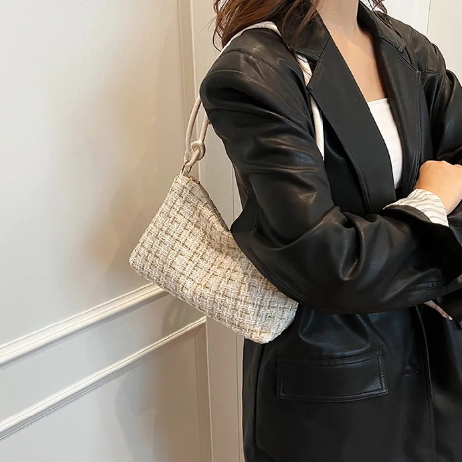 

Zipper Hobos Woolen Plaid Underarm Bag Dacron Appliques New Luxury Designer Handbags Korean Soft Purse Crossbody Bag Party 가방
