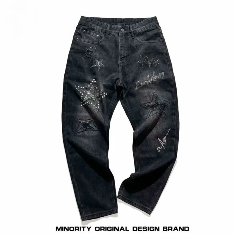 

Мужские джинсы Bla Rhinestone с рваным эффектом и звездным узором, осенние, модные, износостойкие, свободного кроя, повседневные