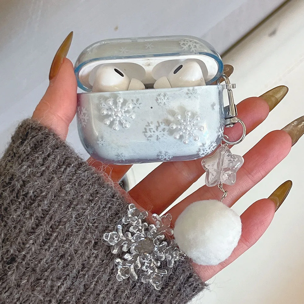 Korea 3D White Snowflakes Pendant Key chain Case Cover for AirPods 4 3 2 1 AirPods Pro 2nd Blue Transparent IMD Earphone Funda