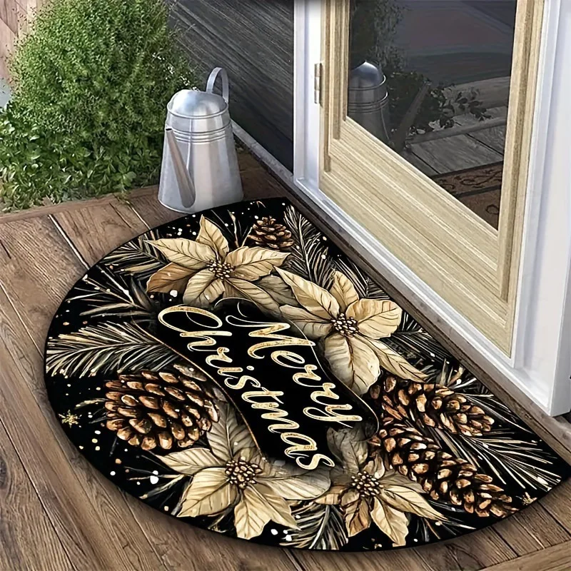Christmas Doormat Semicircle NonSlip Entrance Rug Holiday Home Decor Gold Flower Outdoor Floor Mat Half Round Welcome Carpet