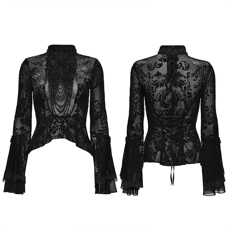 

PUNK RAVE Women's Gothic Mesh T-shirt, Black Polyester Elastane Flocked Long Sleeve Top WT1064