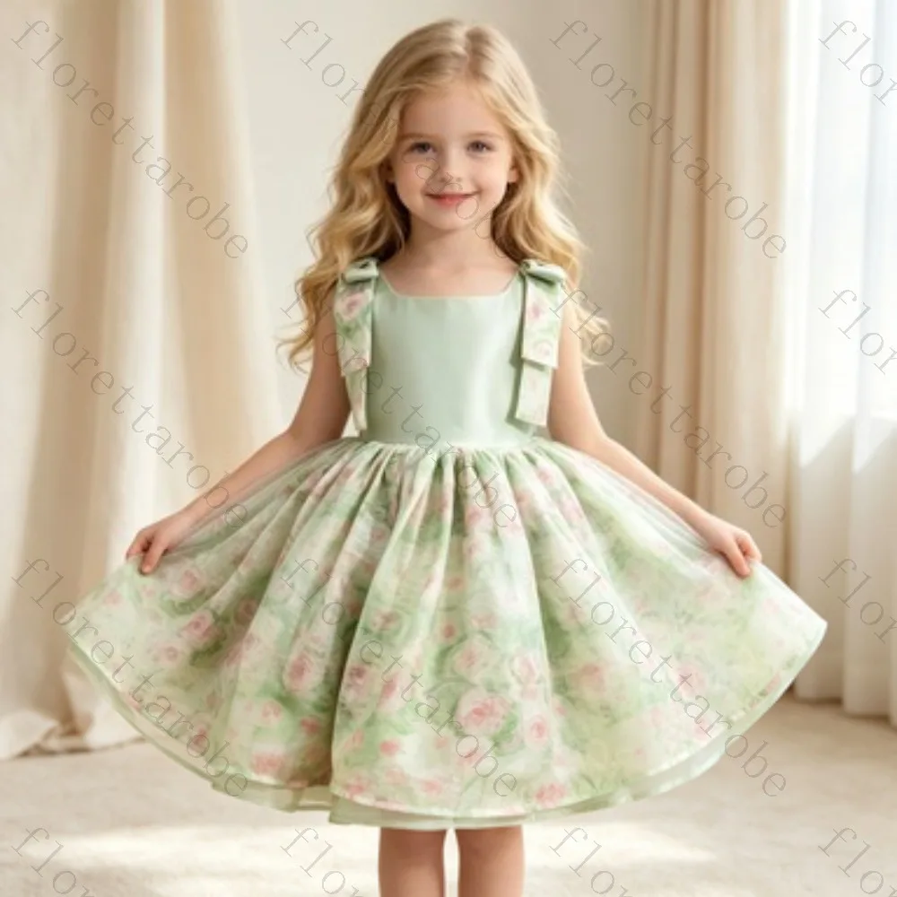 Customized Light Green Sleeveless Kids Floral Dress Shoulder Bow Square Neck Van Gogh Rose Print Puffy Skirt Birthday or Wedding