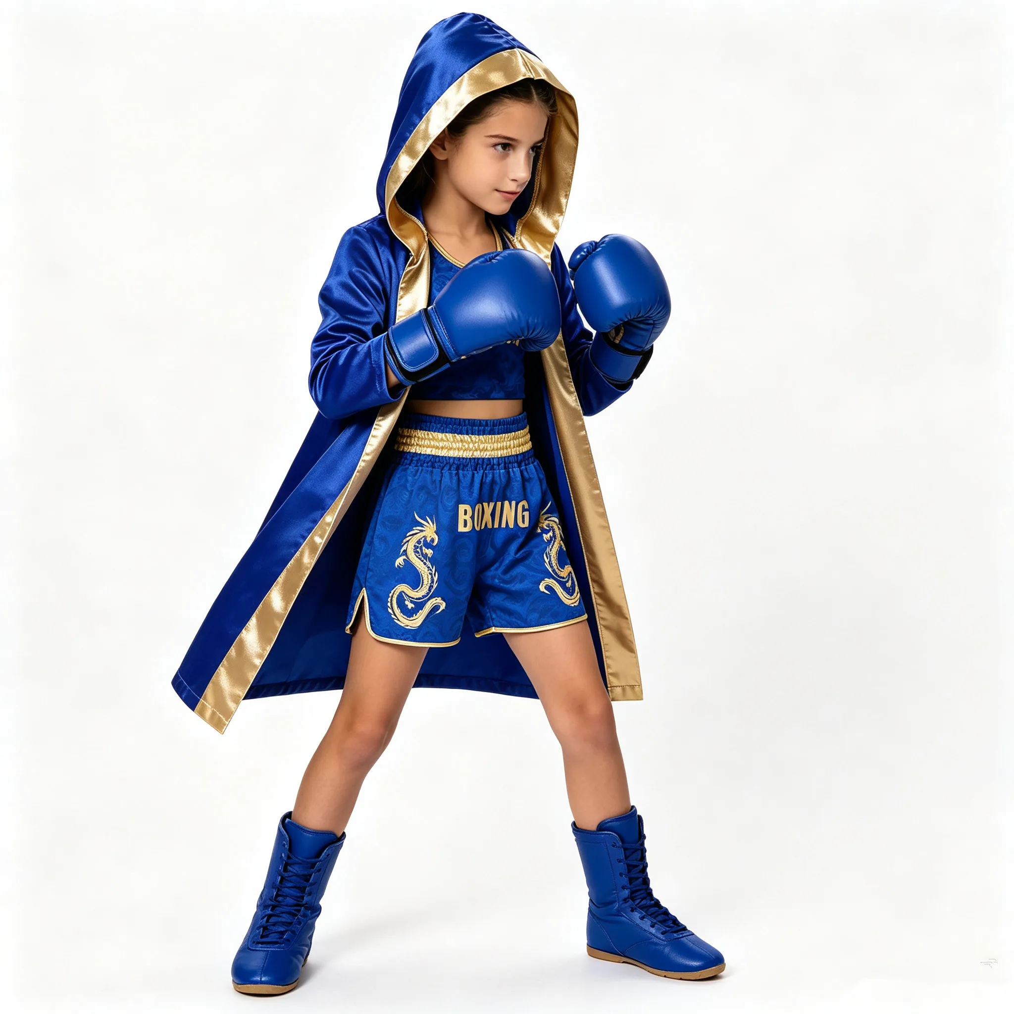 Children Boys Girls Boxer Boxing Competition Performance Costume Long Sleeve Pugilism Hooded Robe with Belt Crop Vest Shorts
