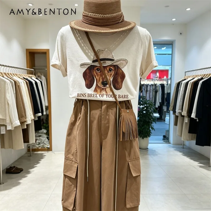 

Retro American Positive Shoulder Short Sleeves Tees Ladies 2026 Summer New Printed Heavy Craft Cool Sense Loose Casual T Shirt