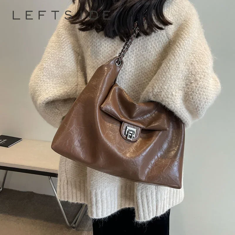 LEFTSIDE PU Leahter Chain Crossbody Bags for Women 2023 Winter Korean Fashion Designer Females Luxury Y2k Shoulder Bag Handbags