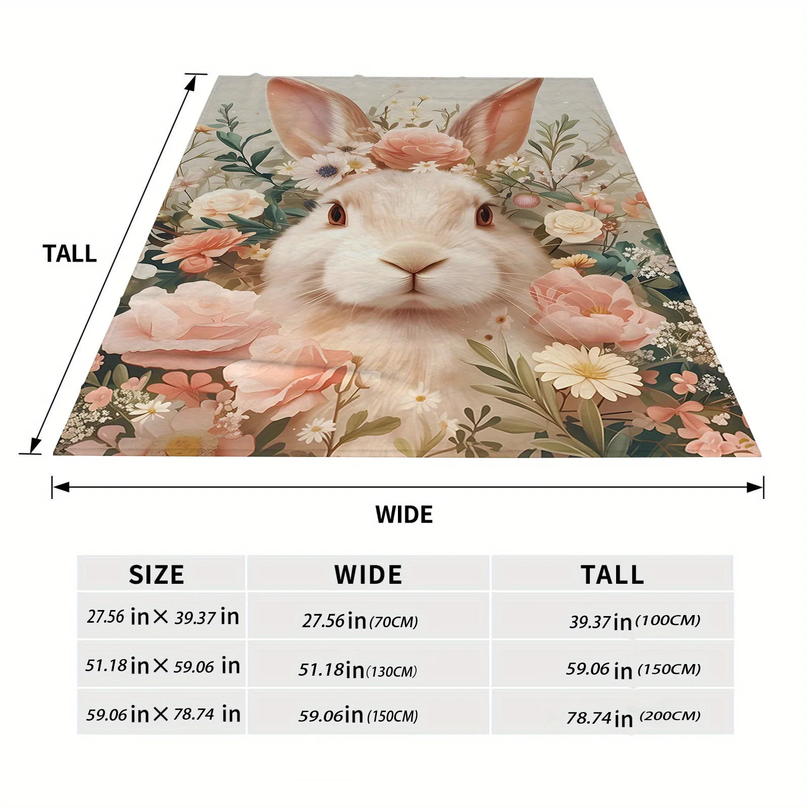 Floral Rabbit Pattern Plush Flannel Throw Blanket – Soft Warm Cozy Polyester Knit Couch Throw – Contemporary Animal Themed Digit