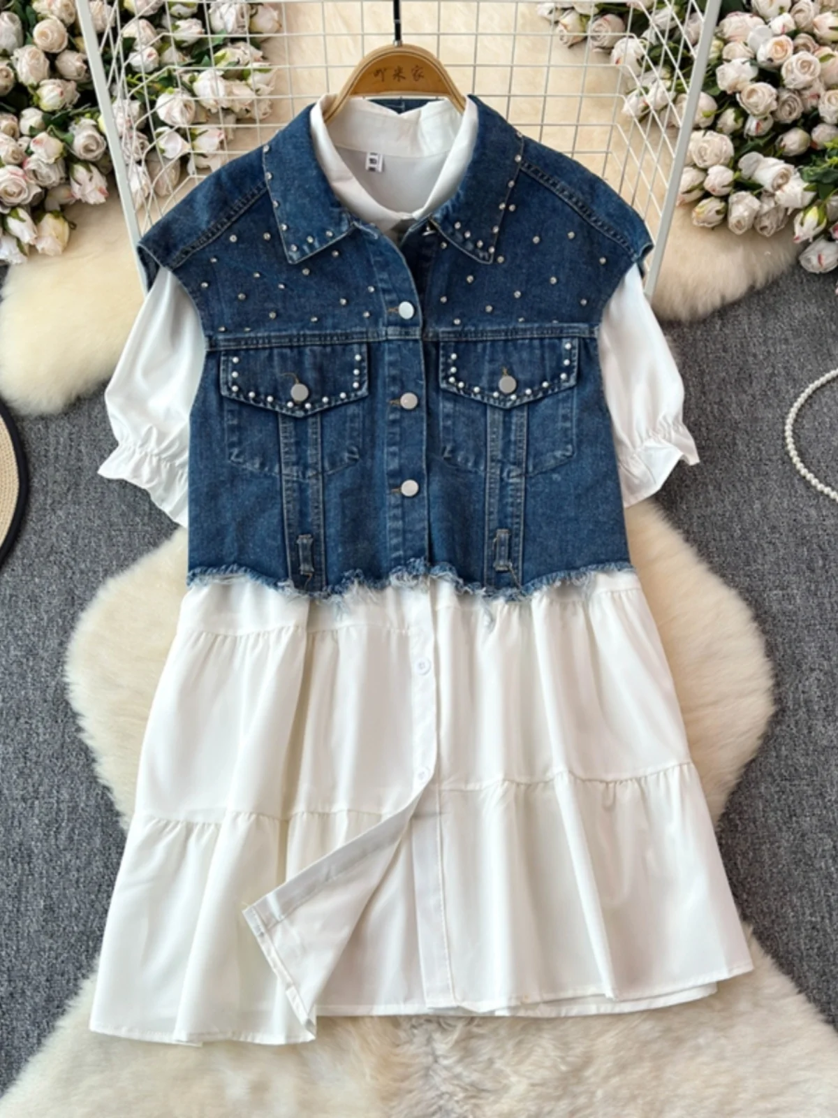 Summer Autumn Two Piece Set Women Vest Jacket Denim Jeans Coat Short Mini White Dress Shirt 2pcs Outfits