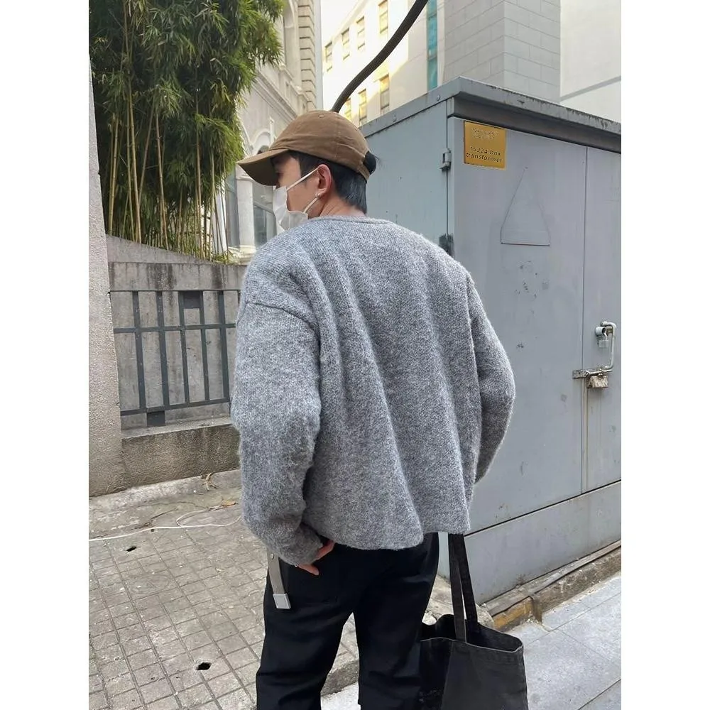 

American Retro Casual V-ne Knitted Sweater Men Pure Color Outerwear Autumn Winter New Sle Loose Fit Long Sve Coat