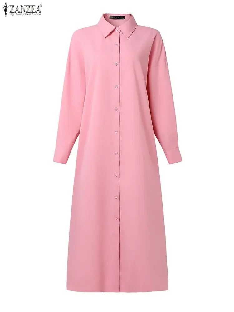 Mode Schlitz Saum Frauen Lange Kleider Casual Drehen-unten Kragen Langarm Tasten Einfarbig Shirtdress ZANZEA Frau Kleidung 3XL