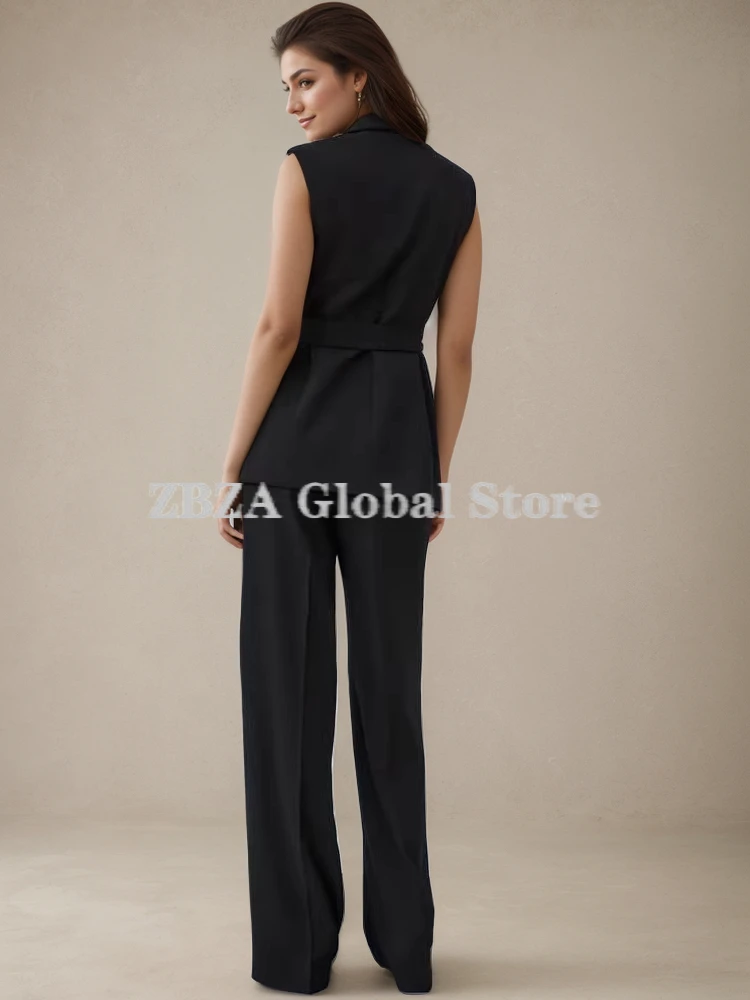 ZBZA Women\'s Belted Tuxedo Vest Fluid Pants Suit Sleeveless Lapel Vest High Waist Flowy Straight Leg Pants New Female Chic Suit