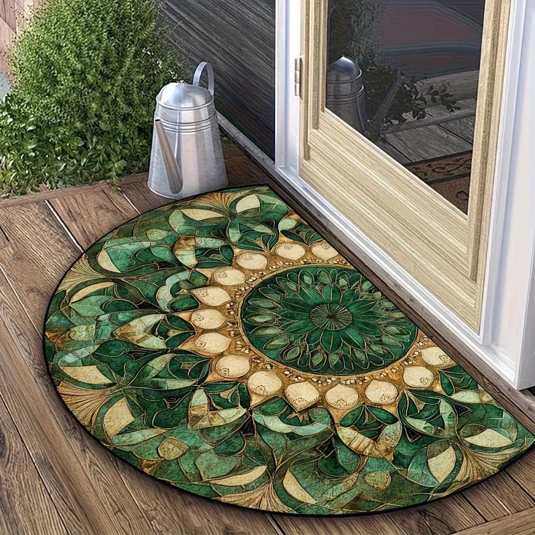 Luxury Emerald Green Semi-Circle Doormat Non-Slip Half Moon Entrance Rug Vintage Floral Welcome Mat for Home Hallway Decor